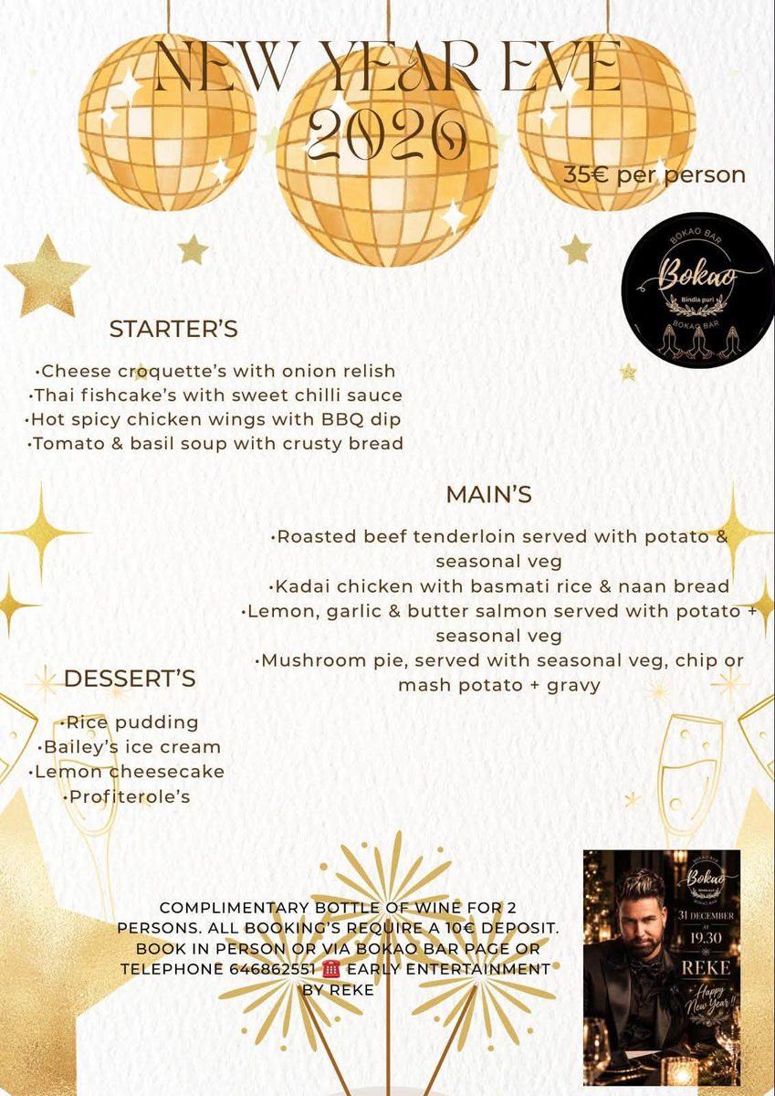 Poster: New Year's Eve 2026 menu, gold version