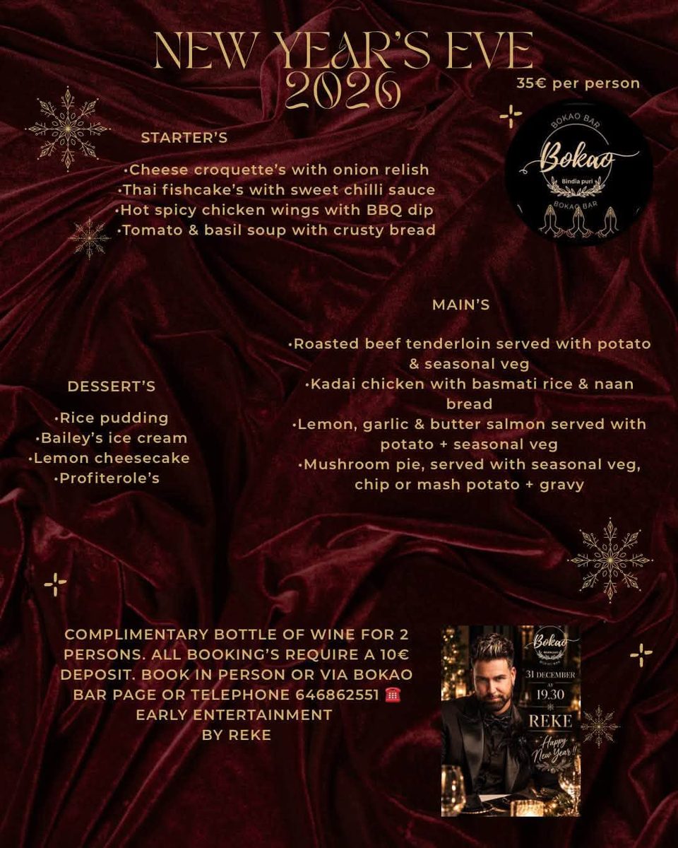 Poster: New Year's Eve 2026 menu at Bokao, €35 per person