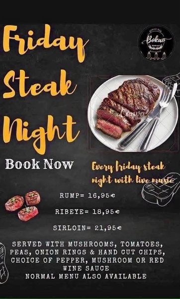 Poster: Friday Steak Night with live music. Rump €16.95, ribeye €18.95, sirloin €21.95