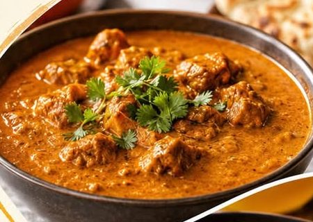 Creamy butter chicken curry topped with coriander, served with naan