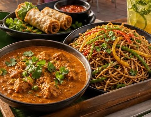 A sharing platter of chicken curry, chow mein noodles and crispy spring rolls