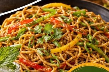 Himalayan-style chow mein with peppers and fresh coriander
