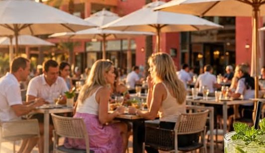 Al fresco terrace dining under parasols at golden hour