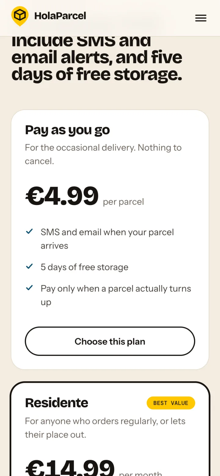 HolaParcel on mobile, plans and pricing