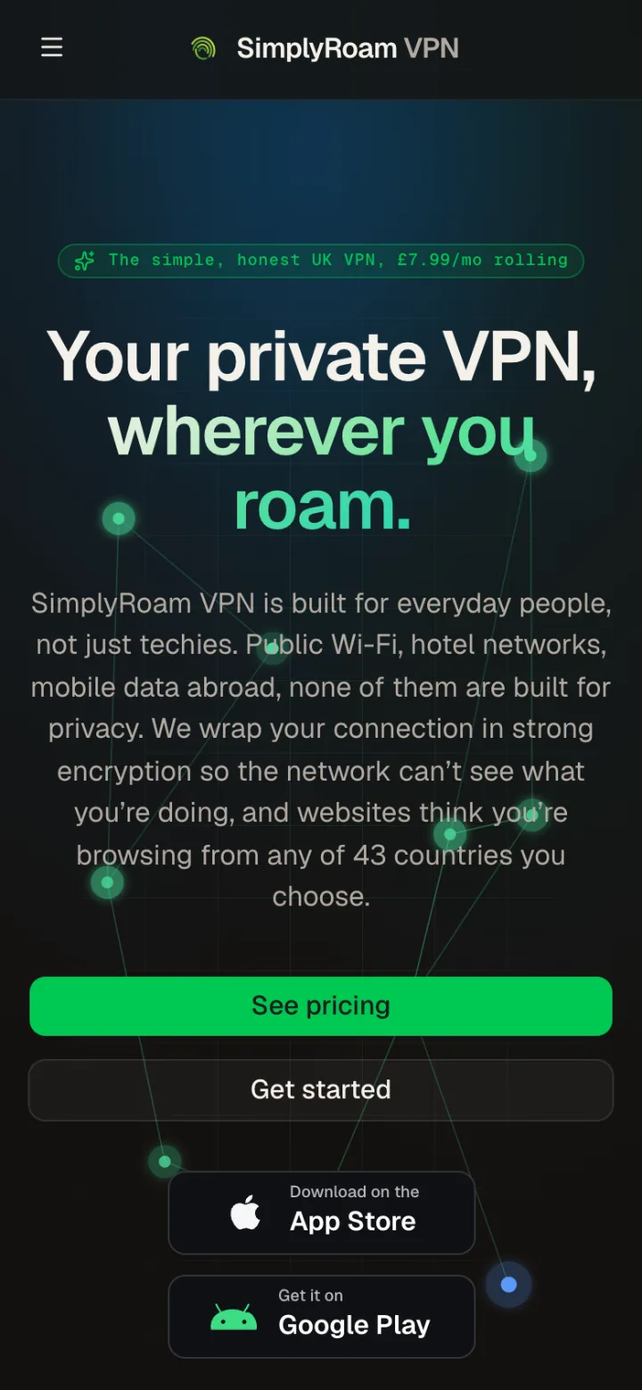 SimplyRoam website on mobile, home
