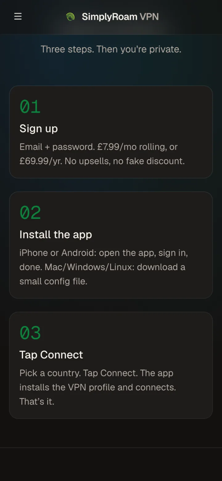 SimplyRoam website on mobile, how it works