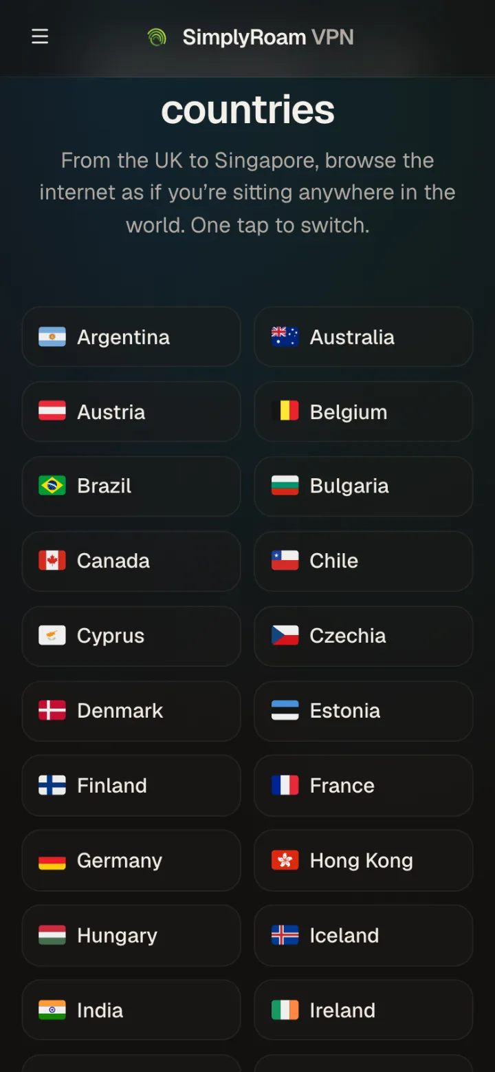 SimplyRoam website on mobile, server countries