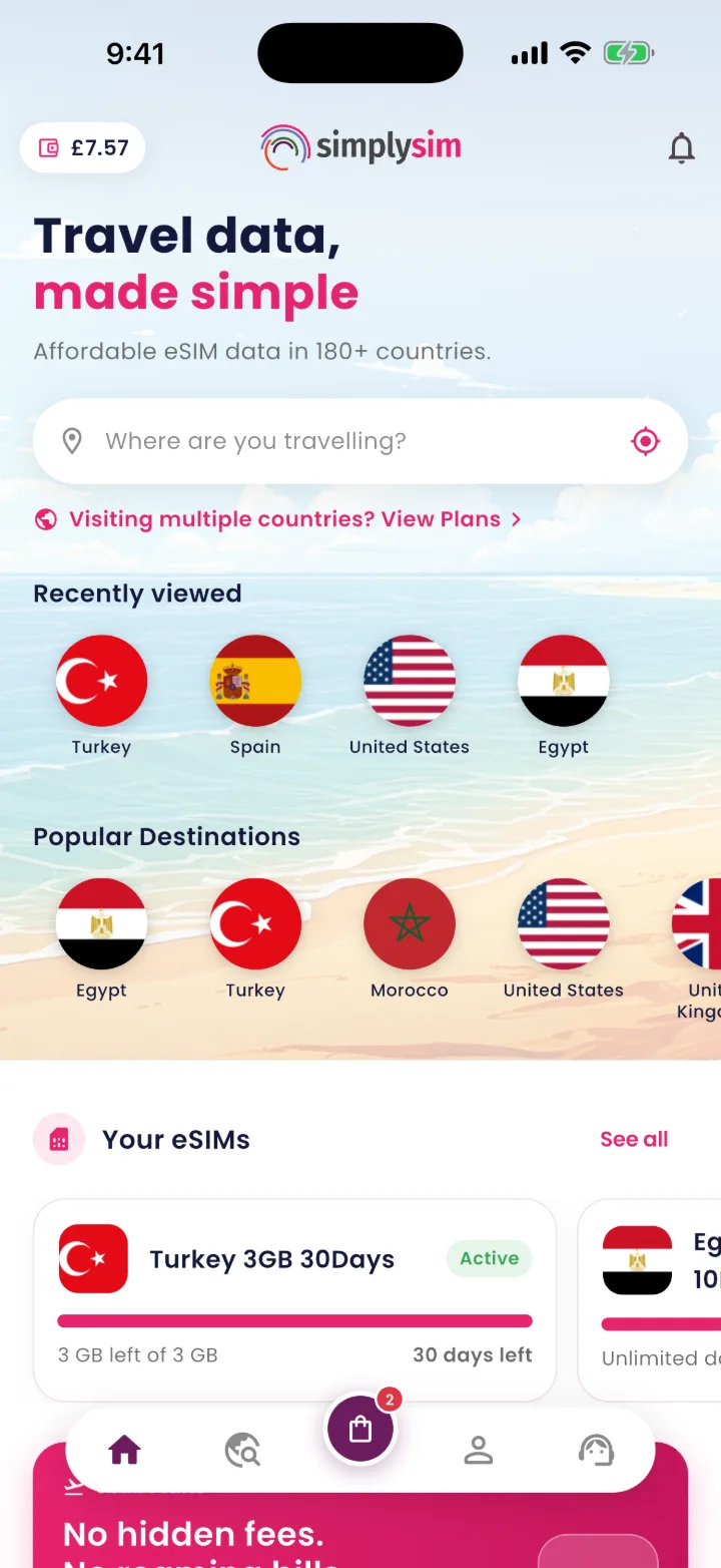 SimplySIM app, home screen