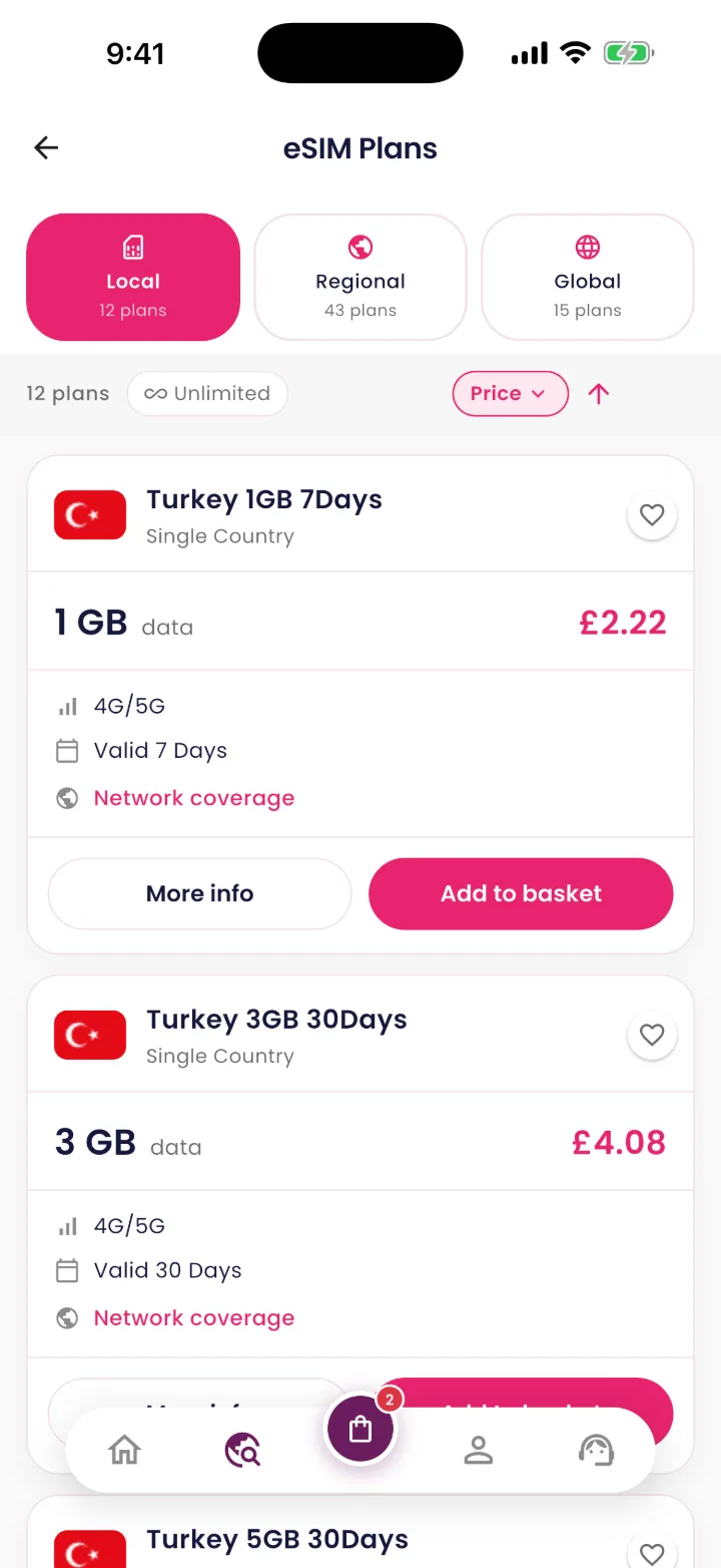 SimplySIM app, eSIM plans screen