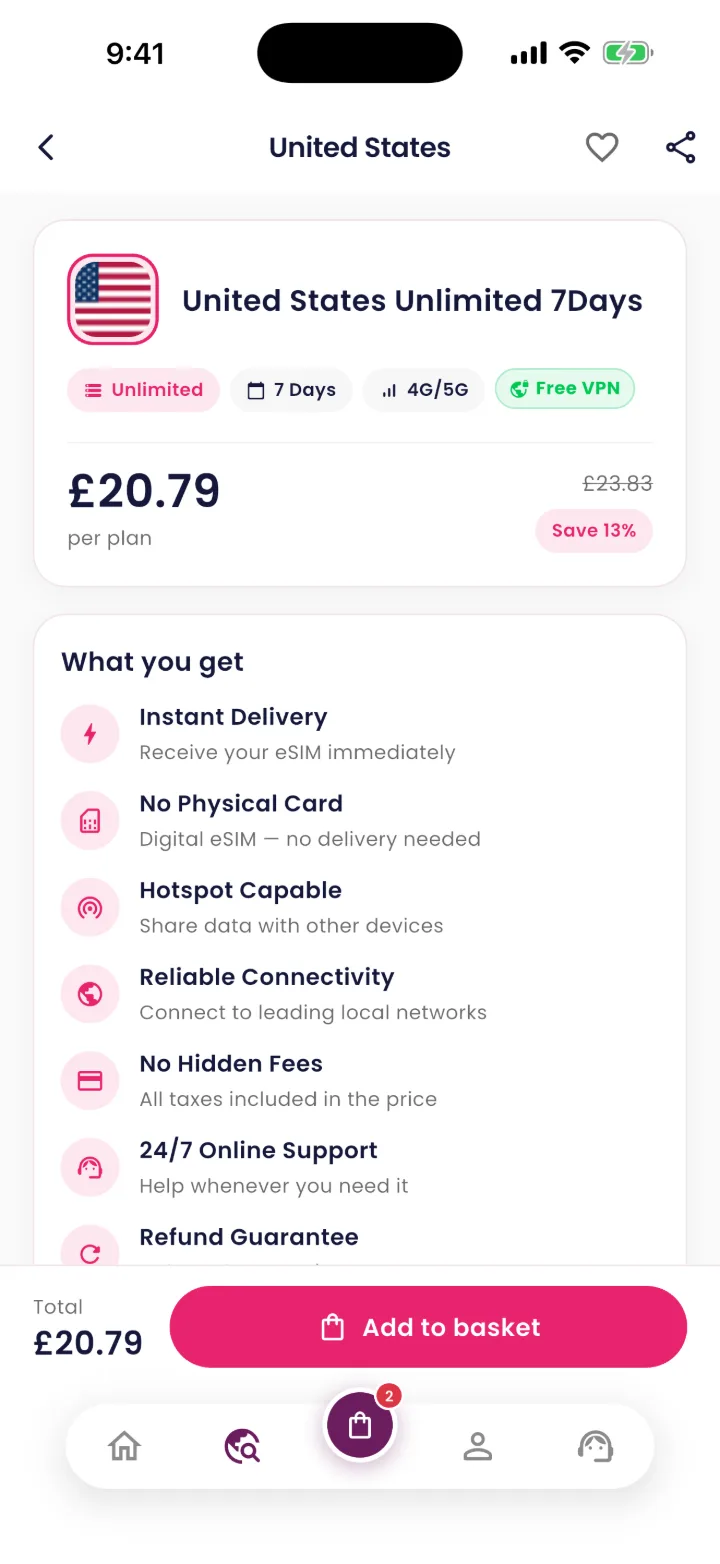 SimplySIM app, plan detail screen