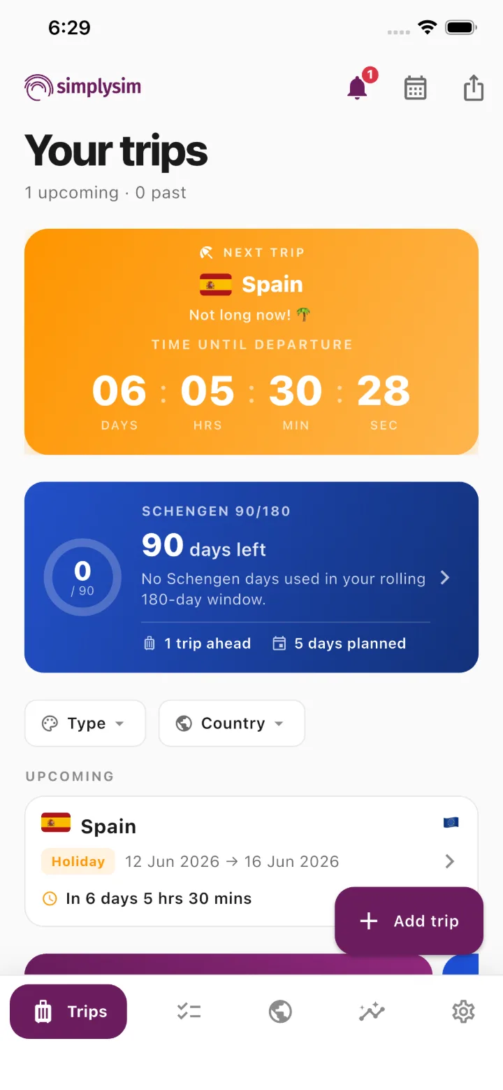SimplyTrips app, trips countdown screen