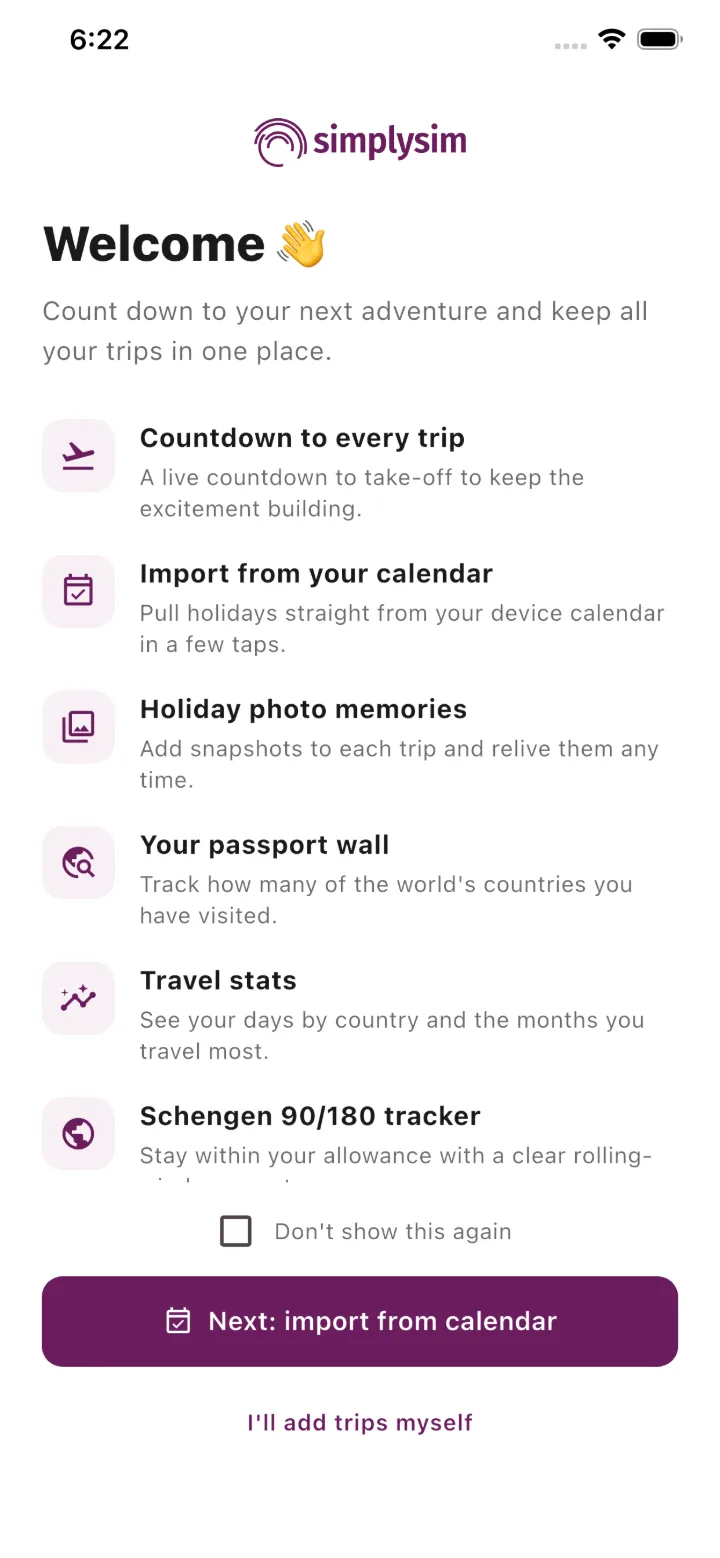 SimplyTrips app, welcome screen