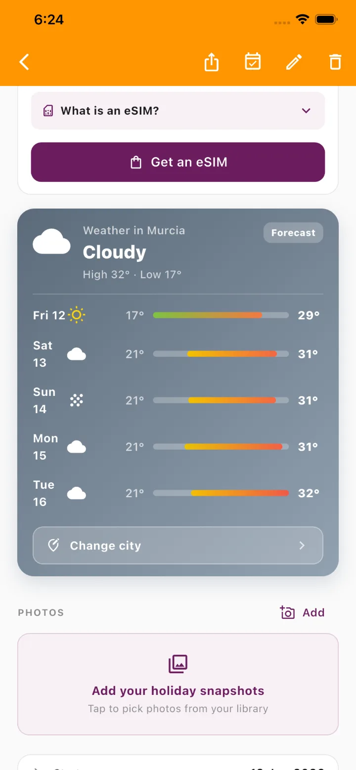 SimplyTrips app, weather for your dates