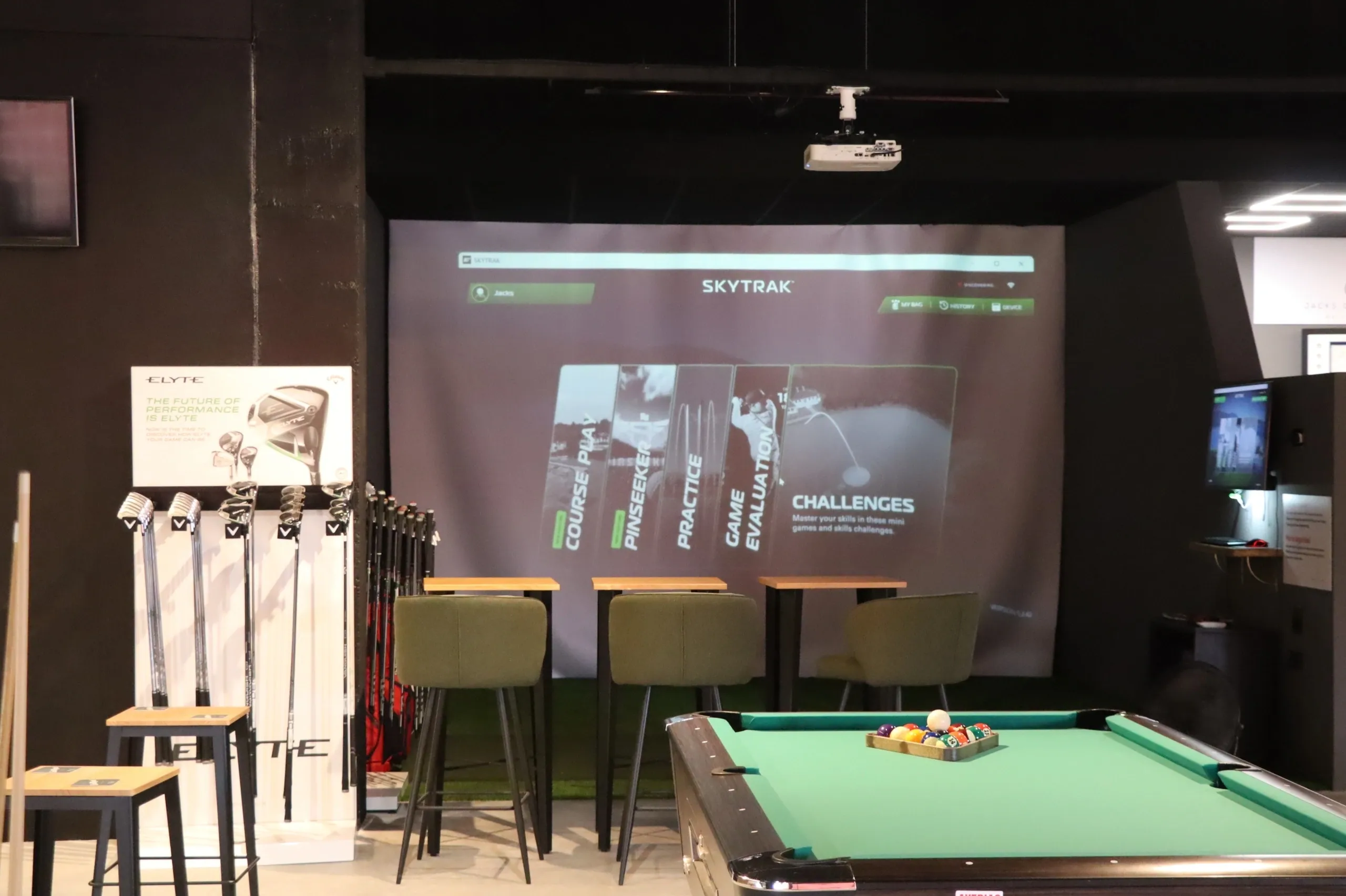 SkyTrak+ simulator bay & club wall