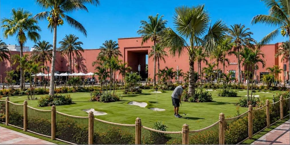 A player lining up a putt between the bunkers