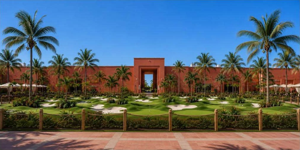 Panorama of the full 18-hole PuttMaster course in front of Al Kasar's terracotta gate on a clear day