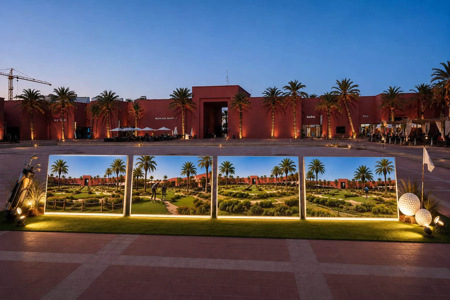 The Al Kasar plaza at dusk with illuminated course displays and palm trees